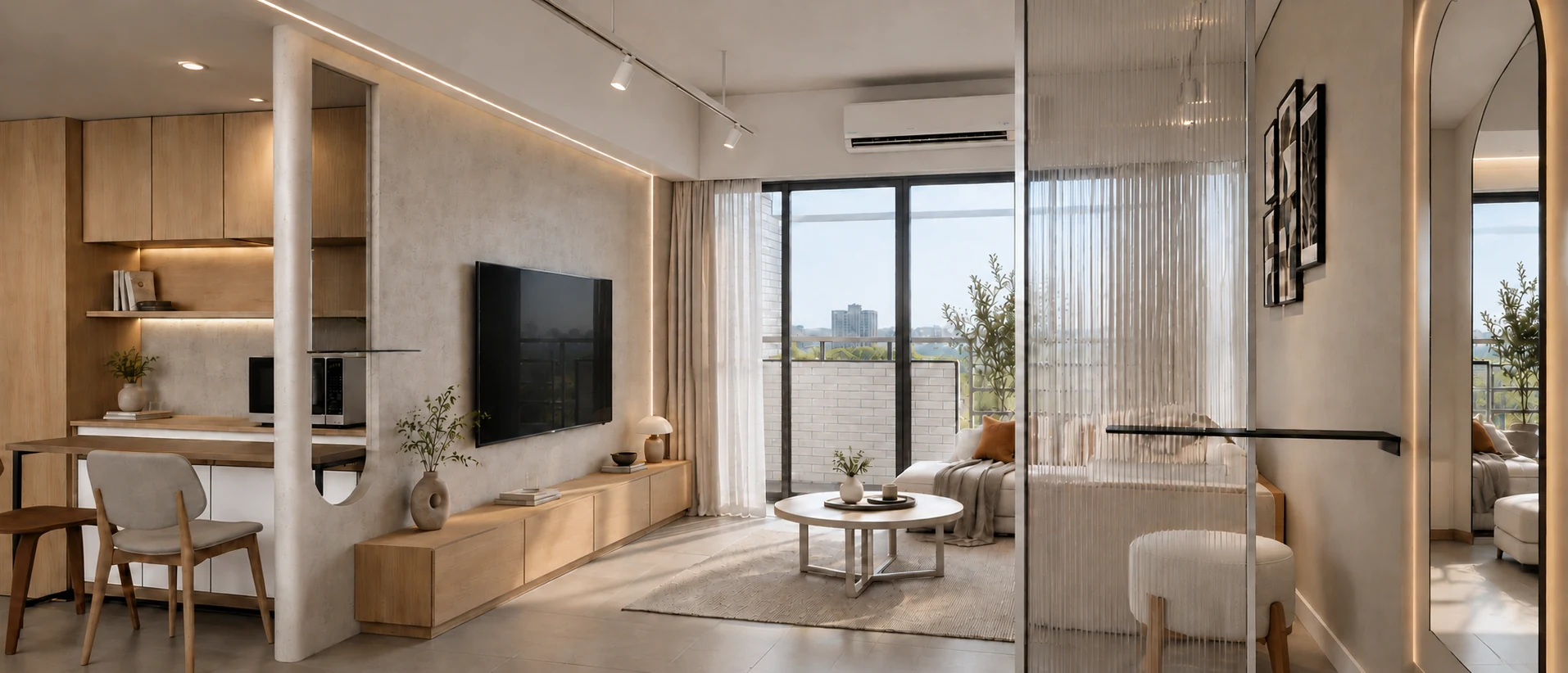 Warm, light-filled living space with wood cabinetry, a TV wall and a view through sheer curtains