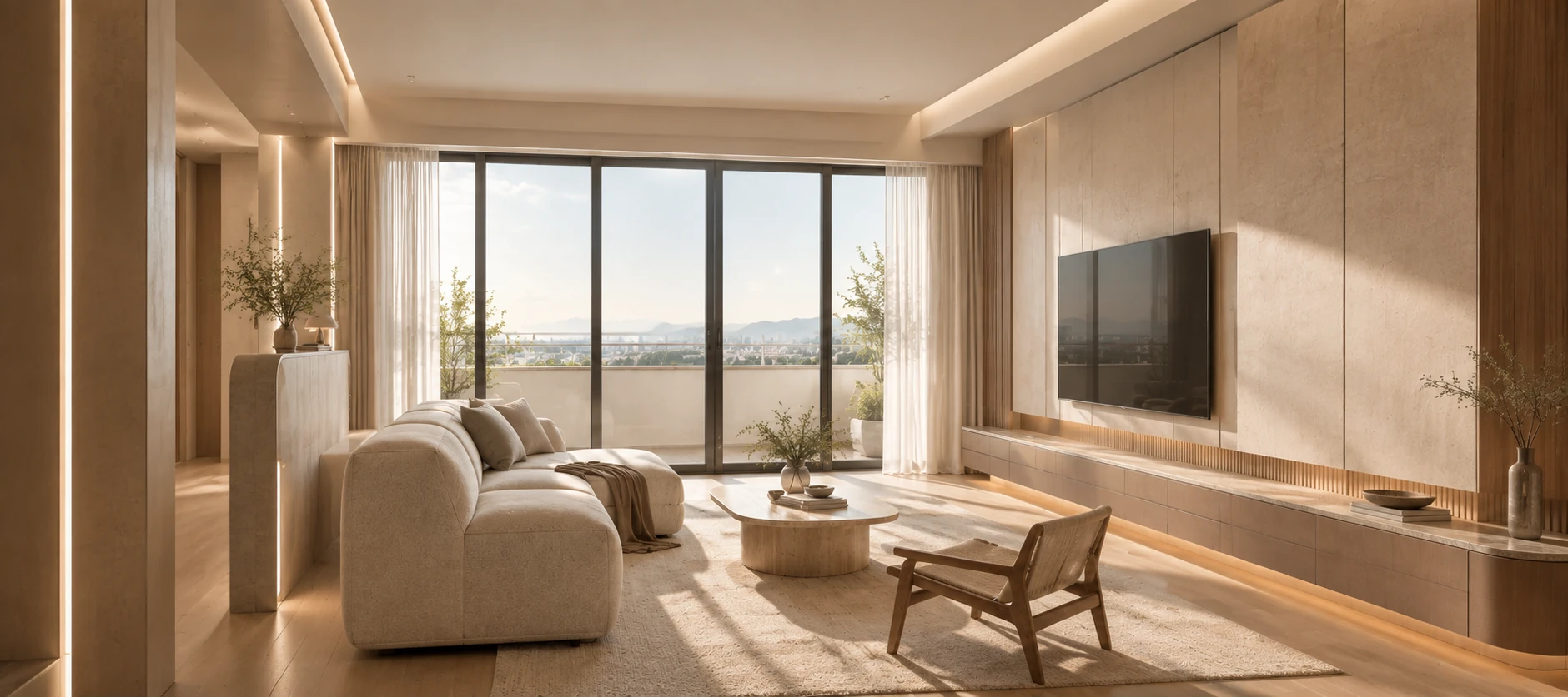 Sunlit living room with a soft cream sofa, wood and stone wall panels, and a view over the city